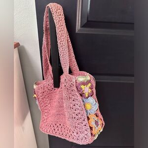 Womens Boho Multicolor Granny Square  100% Paper Bag Tote Purse Rose Pink
